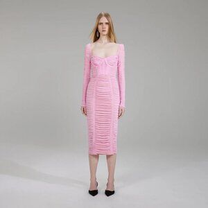 NEW! Self Portrait Pink Power Mesh Long Sleeve Midi Dress Pink